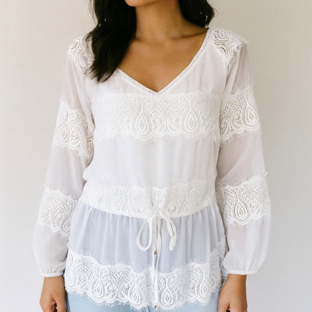 Lacy Tiered Peplum White Blouse XS Drawstring Festival Boho Cotton Top Bohemian